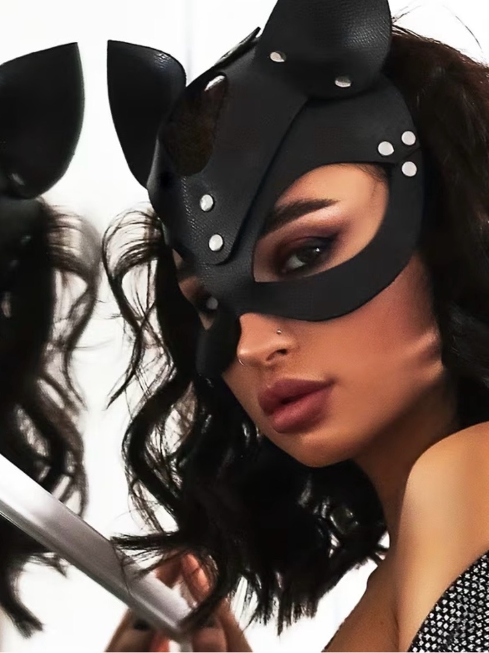 Black Faux Leather Cat Mask with Studs and Ears